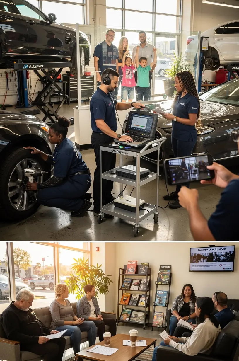 Wide view of a Los Angeles Canvas auto service center showing repair bays, parts inventory, and customer lounge.