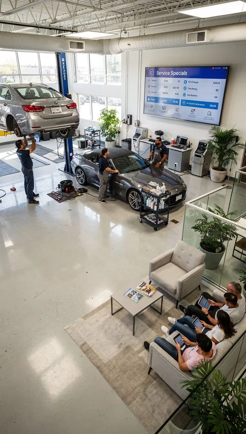 Customer reviewing repair estimates with service advisor in a bright, welcoming auto service office.