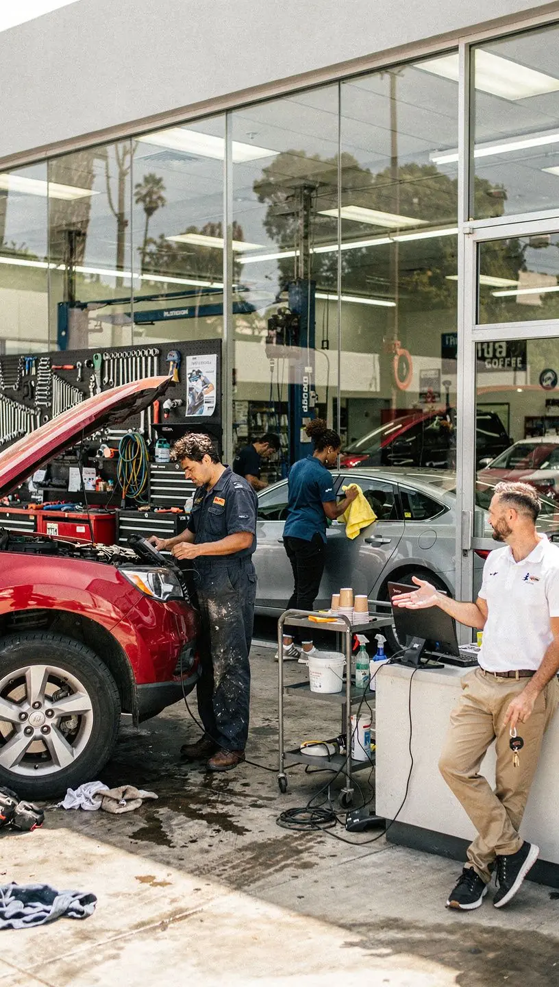 Close-up of a mechanic installing new auto parts in a vehicle within a Los Angeles Canvas service facility.